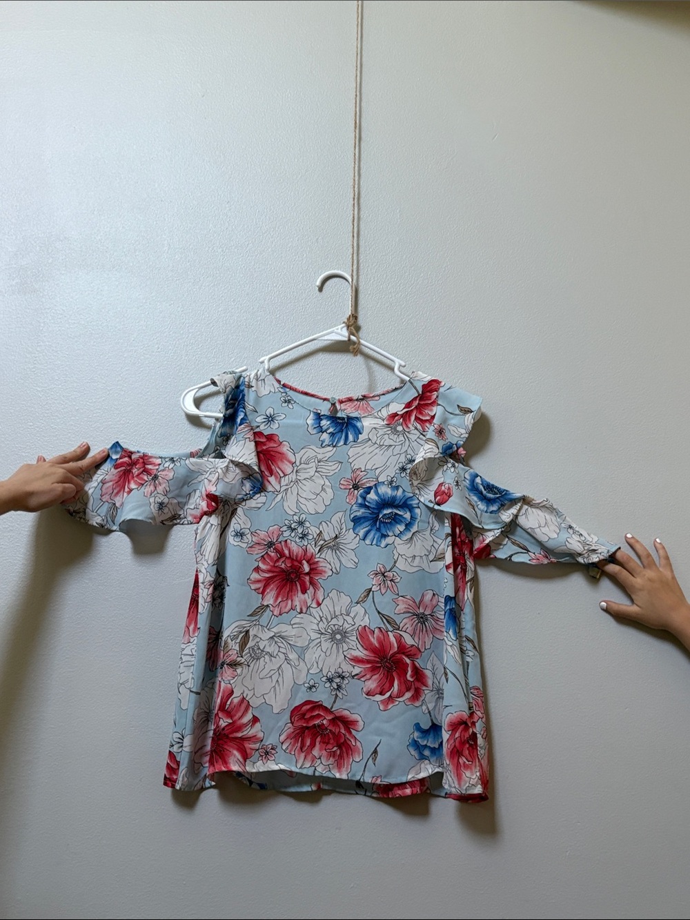 Lush Light Blue Floral Cold-Shoulder Blouse